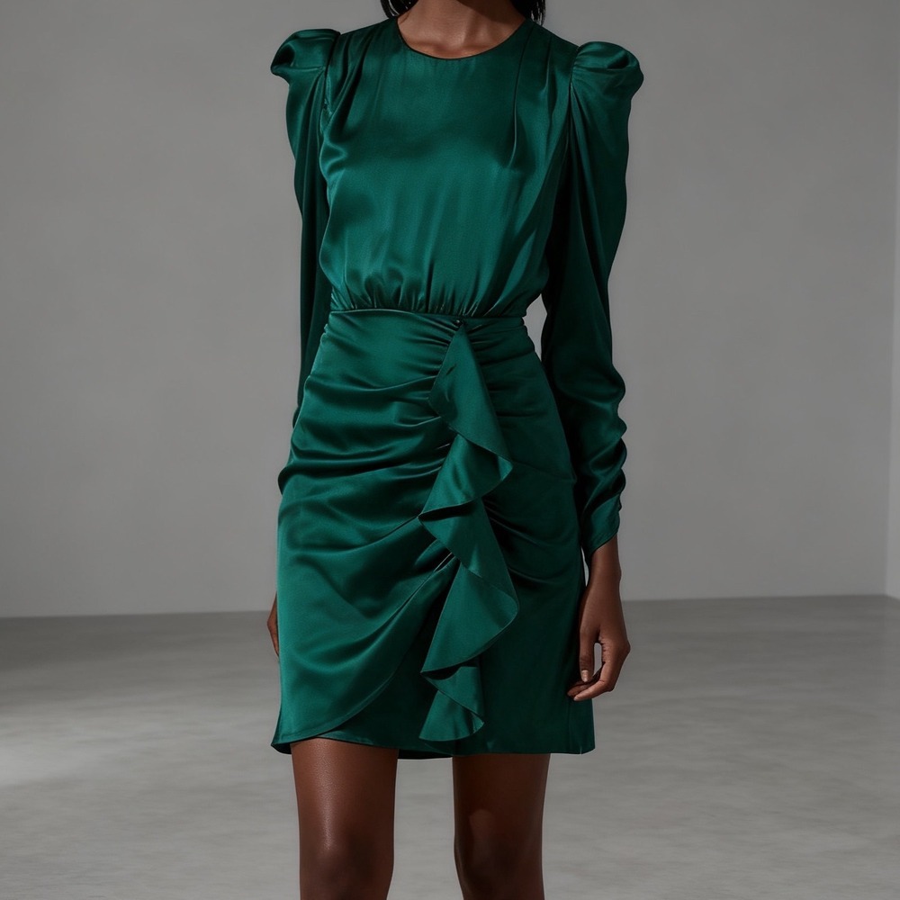 ASTR The Label Cascade Ruffle Satin Mini Dress Green Wedding Guest size Medium